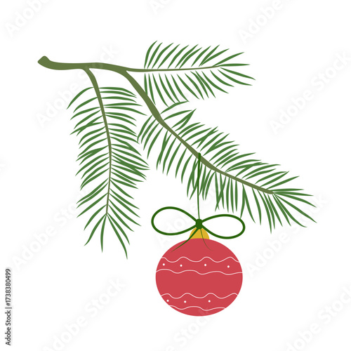 Pine branch with ball on white background Christmas element Fir tree and Christmas tree decoration Pine tree on light background Vector illustration