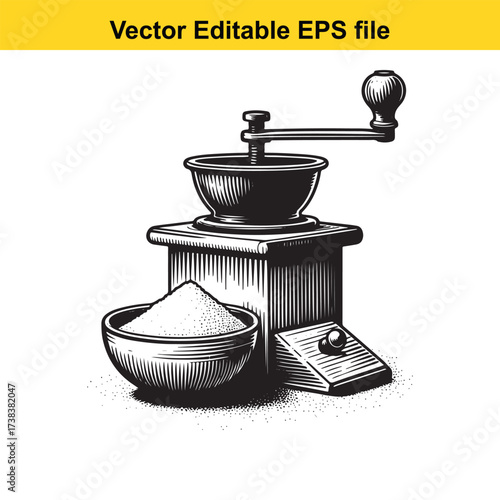 Vector art of vintage coffee grinder with bowl of sugar
