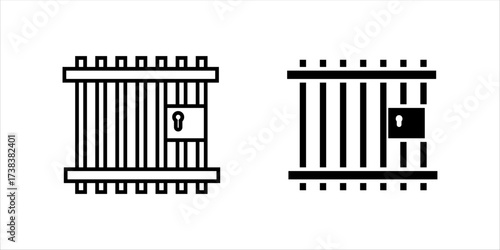  Prison or jail silhouette symbol. Metal cage with bars and lock. Crime justice or punishment icon. Vector black shape isolated on white background.