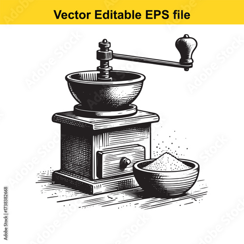 Vector art of vintage hand coffee grinder with a bowl of ground coffee