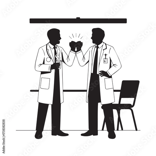 Vector art of two doctors in lab coats bump fists in a gesture of success and teamwork in a medical setting