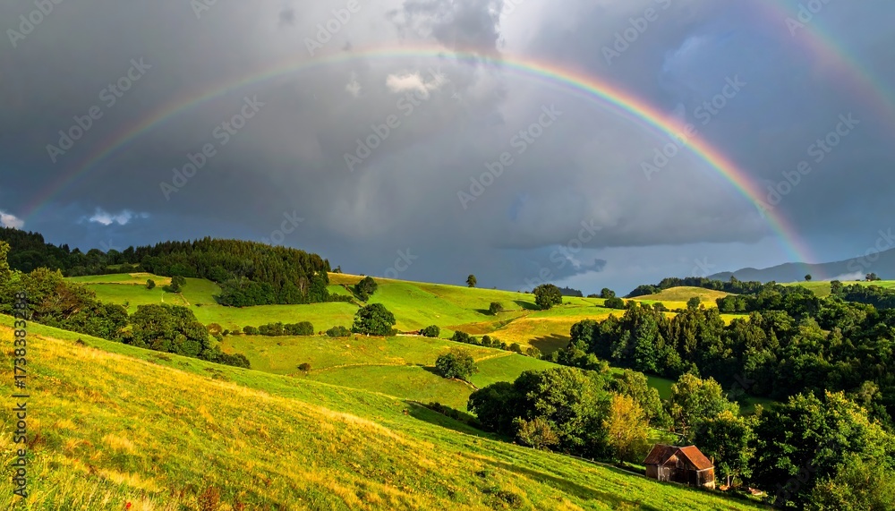 Naklejka premium countryside hilly landscape with dark clouds and a vibrant rainbow