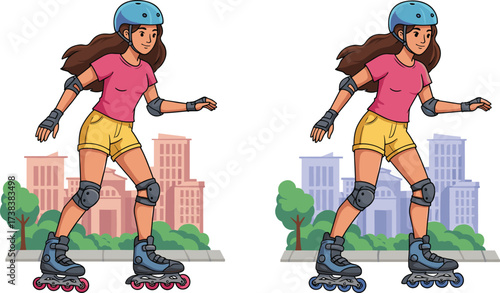 Rollerblading cartoon, urban park scene, spot the difference, protective gear, motion illustration, helmet, trees, buildings, skating, fun, activity