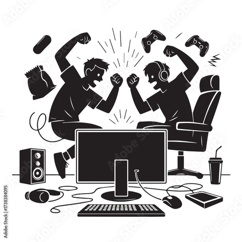 Vector art of two gamers celebrating victory with fists raised in the air, surrounded by gaming equipment like controllers, keyboard, and speakers, symbolizing esports and online competition