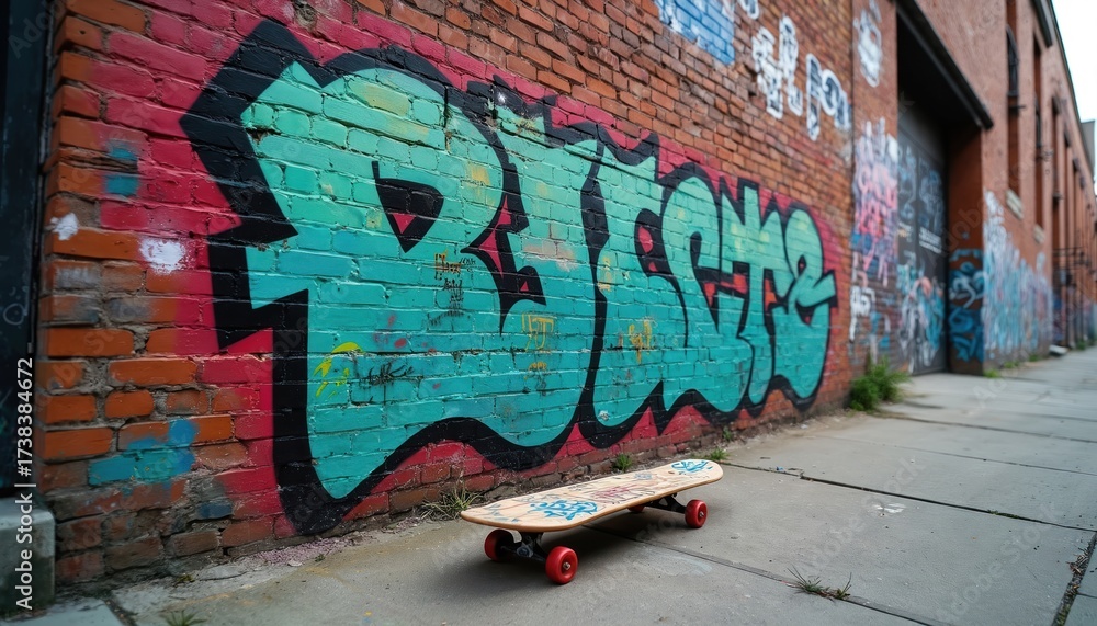 Fototapeta premium Skateboard lies on ground in front of brick wall with graffiti. Skateboard wooden deck, red wheels. Wall covered with colorful graffiti art, street art style, urban vandalism. Scene set in alleyway