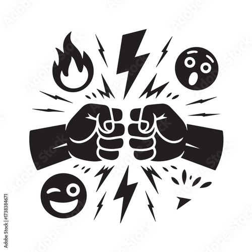 Vector art of two fists colliding with lightning bolts, fire, and surprised and winking emojis, representing conflict, anger, and disagreement