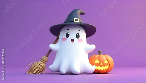 Cute Halloween Ghost with Witch Hat and Smiling Jack-o'-Lantern on Purple Background