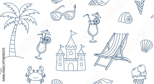 A detailed illustration of various summer-themed objects, including a palm tree, sunglasses, cocktails, and a sandcastle.