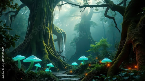Enchanted forest with glowing mushrooms, ancient trees, and a hidden waterfall