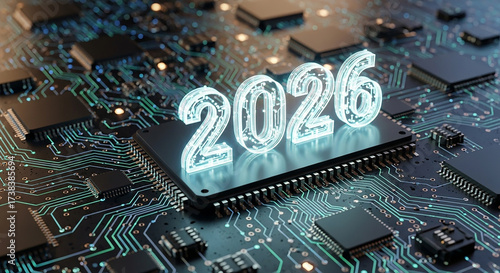 Glowing 2026 year number rests on a futuristic microchip