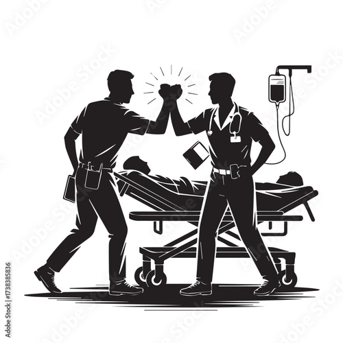 Vector art of two paramedics giving a high five in front of a patient on a stretcher, celebrating a successful medical intervention