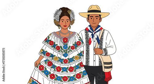 (pollera dress and montuno) on illustration panamanian couple in traditional costumes, flat colorful design, cartoon-style vector illustration, isolated on white background.