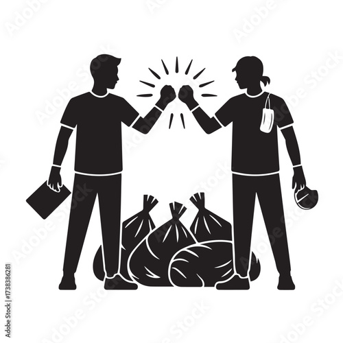 Vector art of two people giving fist bump with trash bags and document
