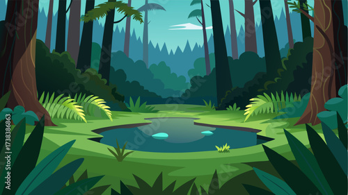 A secluded clearing surrounded by dense ferns and tall grasses with a small pond at its center reflecting the surrounding trees.