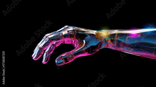 Robotic hand reaching out, illuminated by colorful lights on a black background