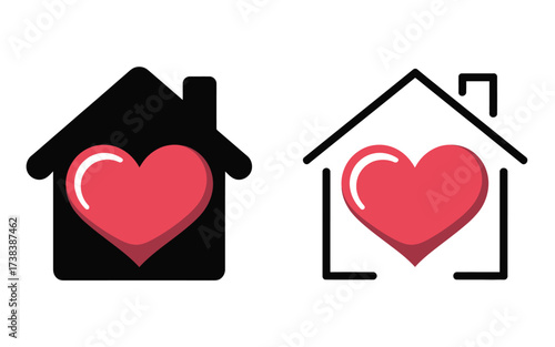 Two houses one black and one white with a red heart inside each