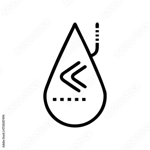 Outline of a teardrop shape with left pointing arrows and a dotted line inside a white background image on transparent background silhouette