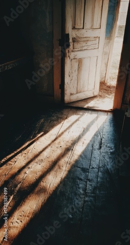 Sunlight streams through an antique, weathered door, casting dramatic shadows on a worn wooden floor, creating a sense of mystery and serenity.
