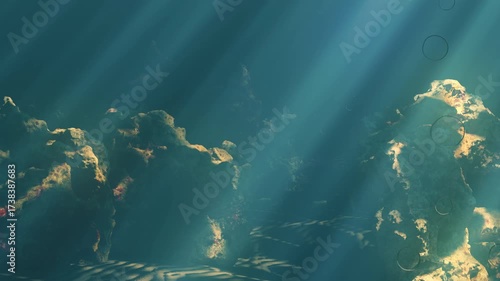 Underwater sunlight rays over coral reef. 3D animation of ocean floor and coral reef. Marine exploration of ocean depths. Light beams shining through deep sea water
