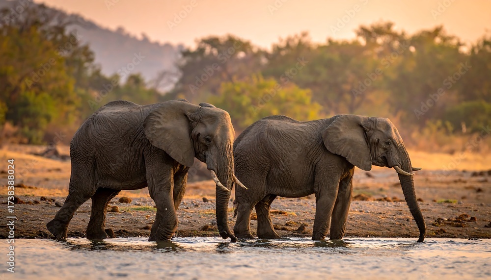 Fototapeta premium Two African Elephants Drinking at Sunset.