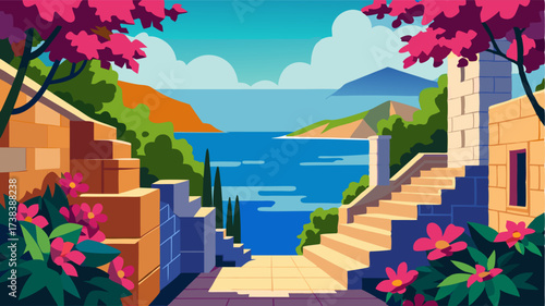 Enchanting Mediterranean terraces framed by ancient stone walls and vibrant bougainvillea offering breathtaking views of the rugged coastline below.