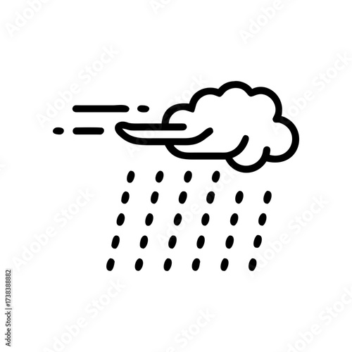 Illustration of a cloud with rain and wind blowing indicating stormy weather conditions outdoors today on transparent background silhouette