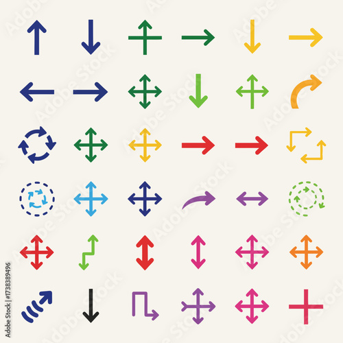 Colorful arrow icons pointing in various directions for navigation and user interface design on a clean background offering a range of options and visual cues for designers