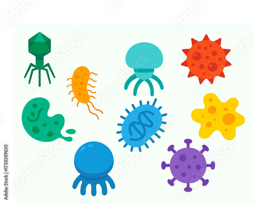 Colorful cartoon-style microorganisms including viruses, bacteria, and cells illustrated in a playful flat design with vibrant tones of green, blue, orange, yellow, red, and purple.