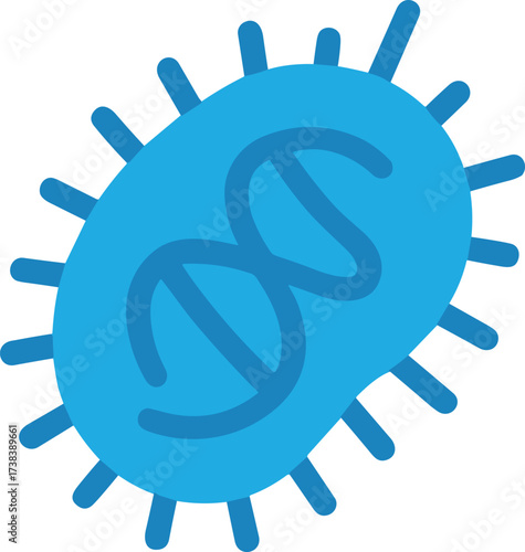 A bright blue cartoon-style bacterium illustration featuring a DNA helix inside, surrounded by short hair-like structures, in a flat educational design.