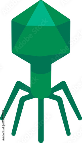 Green geometric bacteriophage virus with a faceted icosahedral head and spider-like legs, illustrated in a clean flat vector style.