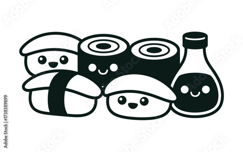 Cute kawaii sushi and soy sauce bottle cartoon illustration