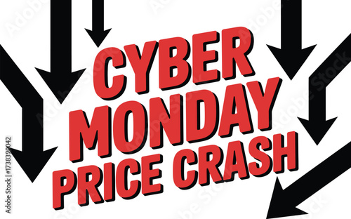 Aggressive Cyber Monday price crash with falling arrows symbolizing steep discounts and sales.