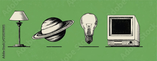 Lamp planet lightbulb and vintage computer illustration set against a green background with a textured finish artful concept