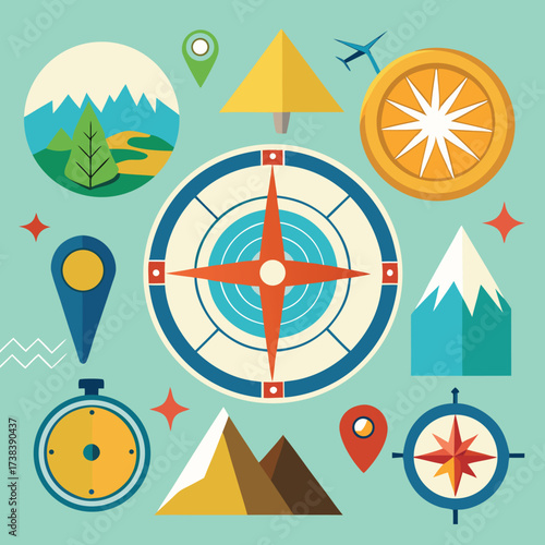 Comprehensive collection of navigational and directional map symbols for adventure exploration and travel planning