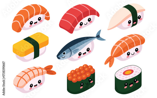 Cute kawaii sushi collection with adorable faces and various types