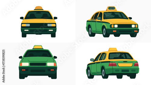 Four views of a classic yellow and green taxi cab