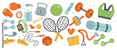 Sport and fitness equipment vector set, gym and workout accessories including dumbbells, barbell, yoga mat, ball, sneakers and tennis. Cartoon flat illustration of sport elements and tools