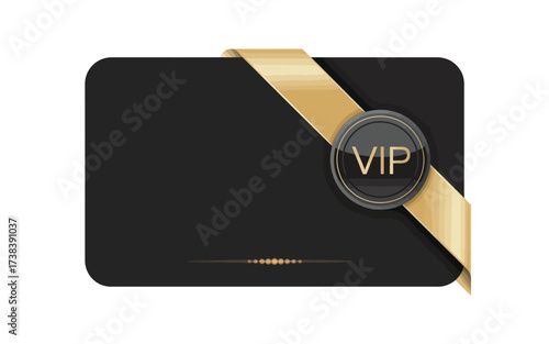Black vip card with gold ribbon and seal on white background