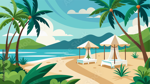 A tropical paradise by the sea with lush greenery and towering palm trees framing the white sandy beach. Cabanas with billowing curtains offer a private escape for guests to