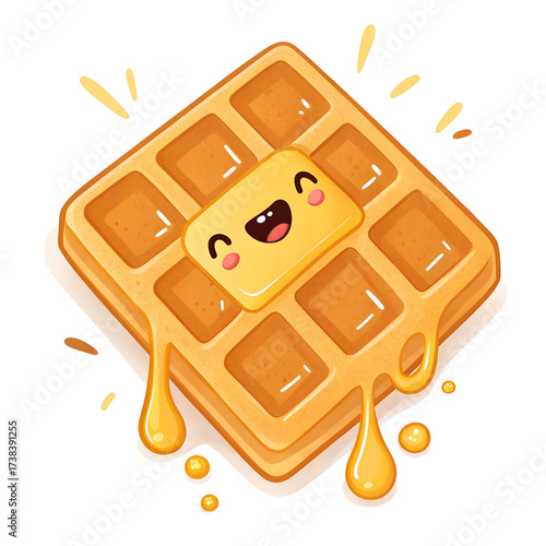 Waffle drizzled with honey in emoji style isolated on white background, symbolizing sweet breakfast
