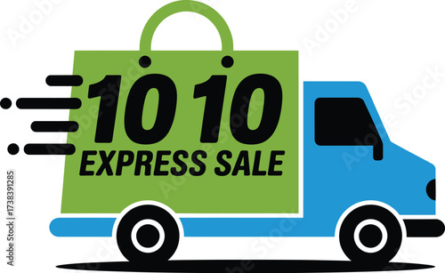 Fast delivery truck bringing a shopping bag with express sale announcement