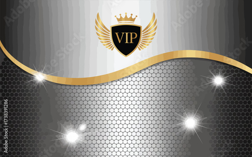Elegant vip emblem with golden wings and crown on a textured background