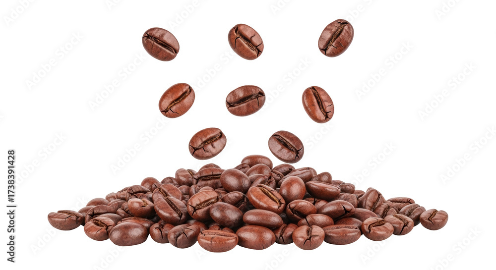 Naklejka premium Isolated pile of roasted coffee beans falling, preparation of a hot drink, studio shot
