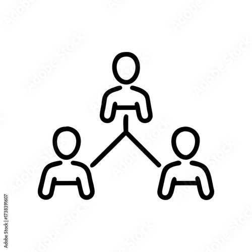 Illustration of a network of three people connected by lines representing a hierarchical structure on transparent background silhouette