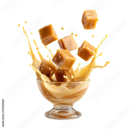 golden caramel cubes tumbling into a small dessert bowl
