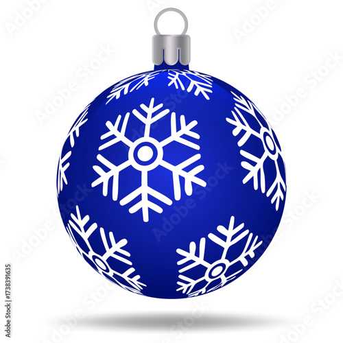 Shiny blue Christmas ornament covered in white snowflake pattern isolated on white