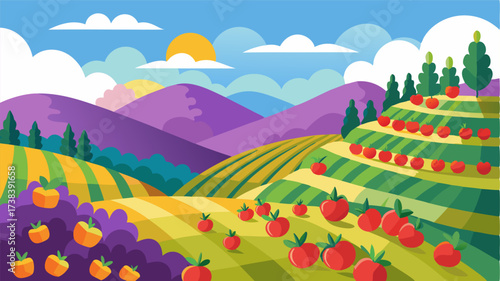 A sunkissed hillside covered in terraced gardens bursting with ripe tomatoes colorful peppers and rows of fragrant lavender bushes.