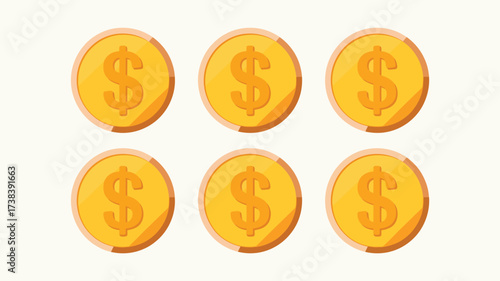 Six golden coins with dollar signs arranged in two rows