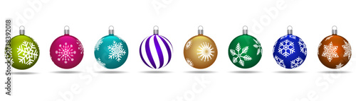 Colorful Christmas ornaments with snowflake patterns beautifully line up on white background