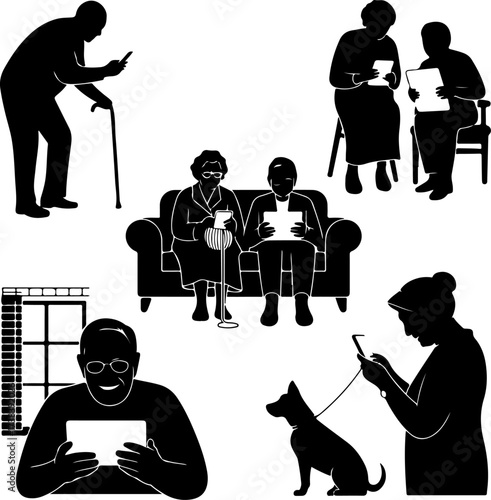 Seniors Enjoying Digital Devices  Autumn Edition Vector Bundle